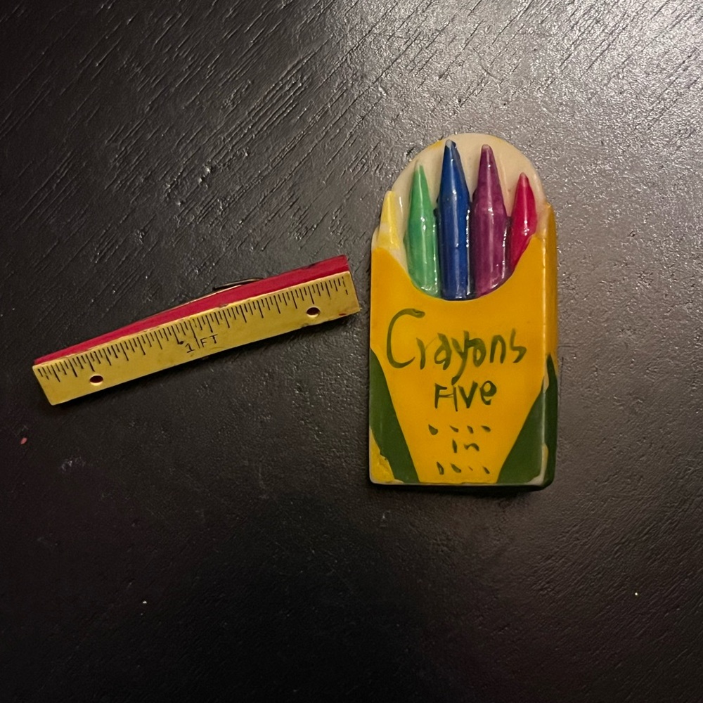 Vintage Plastic Crayon Brooch and Yellow Ruler Pin